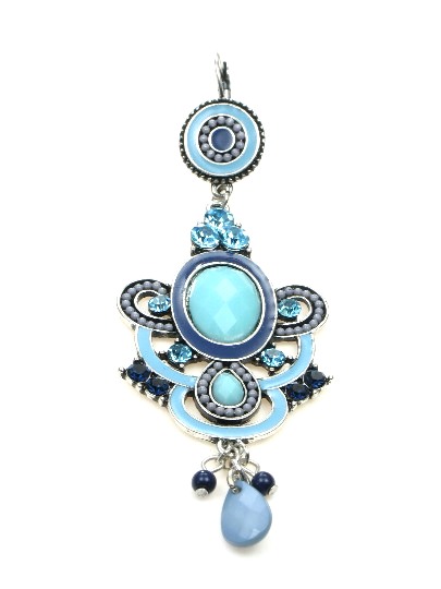 Oorbellen met blauwe kralen en strass inleg (klaphaak)