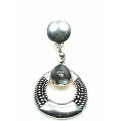 Zilverkleurige oorclips met zwarte inleg en strassteen