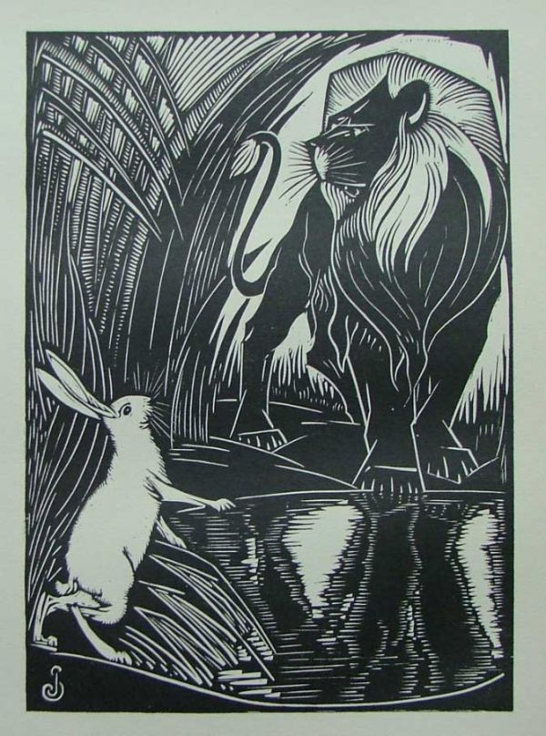 ART DECO Houtsnede Jan Schonk 'Leeuw en konijn' ~1925